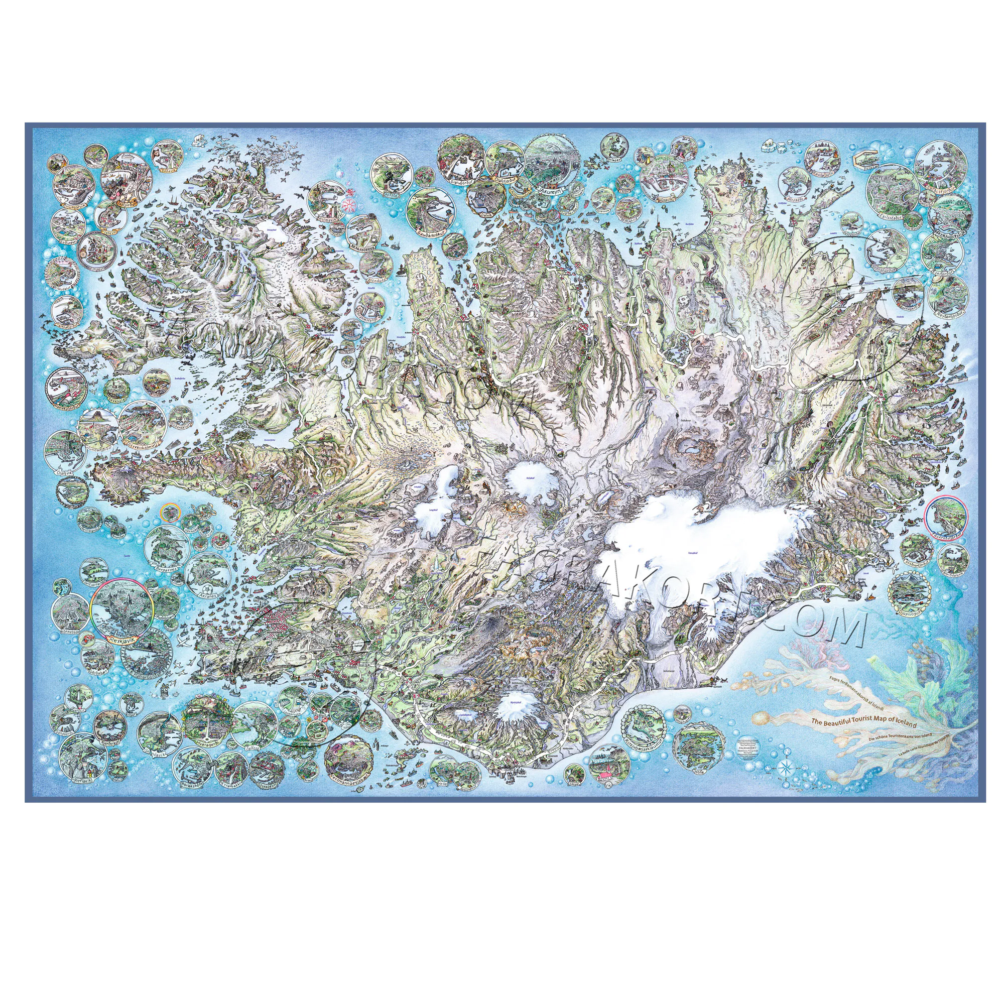 hand drawn map of Iceland, fagrakort.com