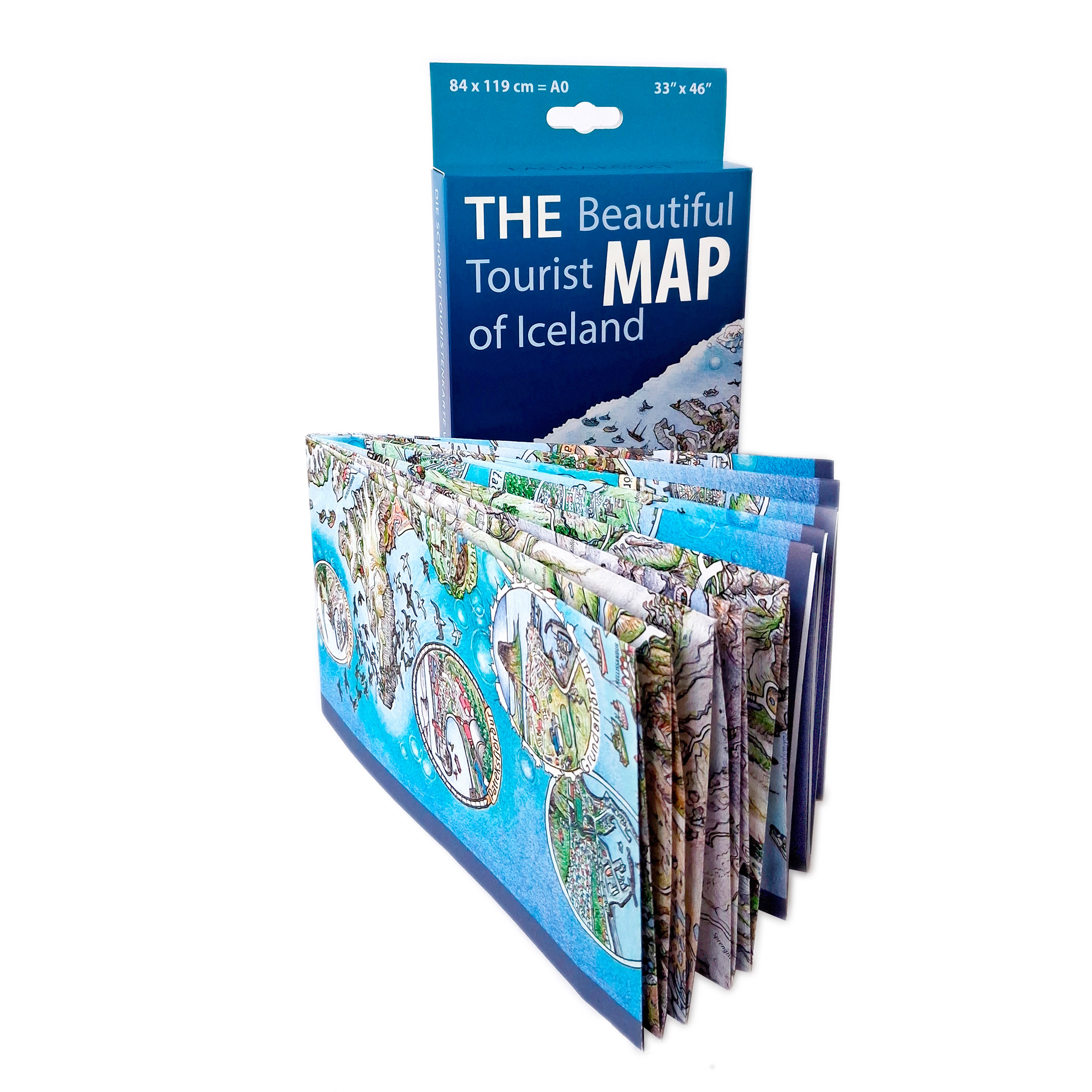 "The Beautiful Tourist Map of Iceland" folded in gift box